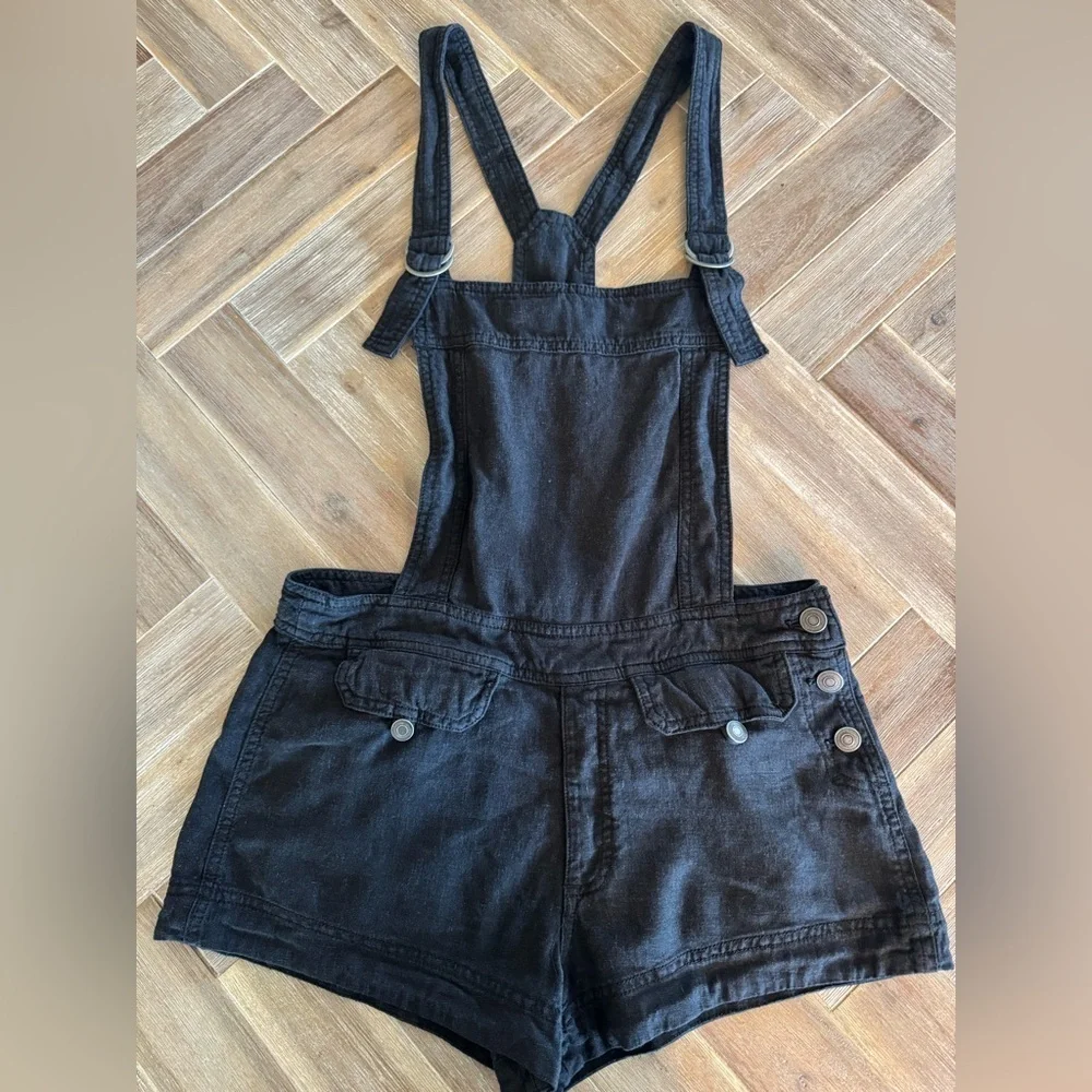 Free People Black Linen Short Overalls